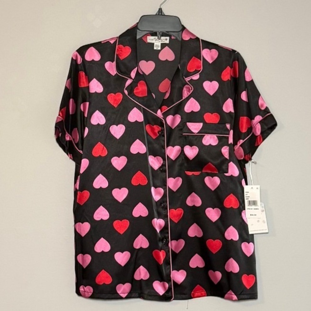 In Bloom by Jonquil Womens Black Pink Heart Satin Pajama Set 2PC Small NWT